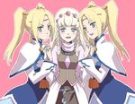  3girls blonde_hair blue_eyes blush braid breasts capelet dress fenimore long_hair multiple_girls open_mouth pink_background shirley_fennes siblings tales_of_(series) tales_of_legendia thyra_welzes twins twintails 
