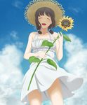  amagami brown_hair carrying closed_eyes cloud day dress flower from_below happy hat sky smile solo standing straw_hat sundress sunflower tanaka_keiko toki_(tokihakashi) wind 