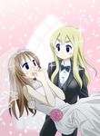  bare_shoulders blonde_hair blush bridal_veil bride brother_tomita brown_hair carrying dress formal k-on! kotobuki_tsumugi long_hair multiple_girls princess_carry veil wedding wedding_dress wife_and_wife yamanaka_sawako yuri 