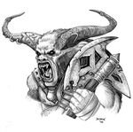  axe dungeons_&amp;_dragons furry-specific_piercing greyscale horn horn_piercing minotaur monochrome piercing plain_background symbols unknown_artist warrior weapon white_background wizards_of_the_coast 