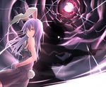  aiming alternate_costume animal_ears bad_anatomy bad_id bad_pixiv_id bare_shoulders breasts bunny_ears bunny_tail buttons cleavage cloud crack dress frown full_moon glowing glowing_eyes hand_on_hip long_hair looking_at_viewer medium_breasts moon pocket purple_dress purple_hair red_eyes red_moon reisen_udongein_inaba saraki shadow sleeveless solo tail touhou undershirt 