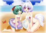  absurd_res animal_ears arthropod beach bikini blush clothed clothing cloud crab crustacean female green_eyes green_hair hair hi_res inner_tube inubashiri_momiji kasodani_kyouko langlong marine momiji_inubashiri ookami_ryuu red_eyes seaside short_hair skimpy swimsuit swimsuits tail touhou white_hair 