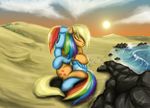  applejack_(mlp) beach blonde_hair blue_fur cloud clouds cutie_mark desert detailed_background duo equine eyes_closed female feral friendship_is_magic fur hair hill horse hug lesbian leyanor mammal multi-colored_hair my_little_pony orange_fur pegasus pony rainbow_dash_(mlp) rainbow_hair rocks sea seaside sun water wave waves wings 