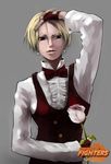  androgynous blonde_hair bow bowtie dress_shirt earrings enkitt fingerless_gloves flower gloves jewelry king_(snk) logo reverse_trap rose ryuuko_no_ken shirt short_hair solo the_king_of_fighters vest waistcoat 