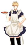  alternate_costume apron black_legwear blonde_hair crossdressing enmaided fate/zero fate_(series) food gilgamesh maid maid_headdress male_focus mapo_doufu red_eyes seojung simple_background solo thighhighs white_background 