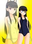  alternate_hairstyle animal_ears arms_behind_back bangs bare_shoulders black_hair blunt_bangs cat_ears extra_ears eyepatch gradient gradient_background heterochromia highres hime_cut kenken long_hair looking_at_viewer official_style one-piece_swimsuit pink_eyes sakamoto_mio school_swimsuit smile solo standing strike_witches swimsuit white_school_swimsuit white_swimsuit world_witches_series yellow_eyes zoom_layer 