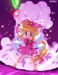  artist_name bare_legs blonde_hair blush bow cape flower_tact full_body green_eyes hair_bow hana_no_mahoutsukai_mary_bell heartcatch_precure! holding holding_wand long_hair low-tied_long_hair magical_girl mary_bell parody pink pink_background pink_bow pink_skirt precure serious shisui shoes skirt wand 