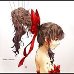  bad_id bad_pixiv_id bare_shoulders bow brown_hair bug butterfly butterfly_hair_ornament character_name earrings eyeshadow flower from_side gradient gradient_background hair_bow hair_ornament hair_tubes hakurei_reimu highres insect jewelry letterboxed long_hair makeup no_mouth ponytail profile red_eyes ribbon shimeji_hachi sidelocks solo touhou upper_body 
