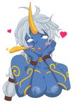  blue_skin blush breasts hands_on_own_cheeks hands_on_own_face heart highres horn large_breasts league_of_legends long_hair multi-tied_hair nude parody prostate_massager silver_hair solo soraka upper_body white_eyes yandere_trance 