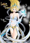  bikini bird blonde_hair blue_eyes breasts cleavage demoncat elbow_gloves elf gloves janna_windforce league_of_legends long_hair medium_breasts midriff navel pointy_ears solo staff swimsuit wind 