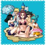  3girls bikini black_hair blonde_hair blue_background breasts carly_nagisa cleavage crab duel_monster front-tie_top fudou_yuusei glasses green_hair innertube izayoi_aki jack_atlas kneeling looking_at_viewer looking_back luca_(yuu-gi-ou) mayday medium_breasts multicolored_hair multiple_boys multiple_girls neo-spacian_aqua_dolphin parasol purple_hair sand side-tie_bikini sitting swimsuit umbrella wariza yuu-gi-ou yuu-gi-ou_5d's 