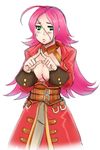  ahoge belt blush breasts cleavage corset fate/extra fate_(series) fingers_together francis_drake_(fate) green_eyes jacket kekekeke large_breasts long_hair pants pink_hair scar solo 