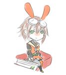  animal_ears asymmetrical_legwear brown_hair bunny_ears chibi chibibro giant_book goggles goggles_on_head green_eyes rita_mordio short_hair sitting solo striped striped_legwear tales_of_(series) tales_of_vesperia thighhighs 