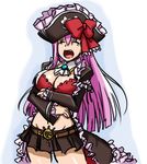  belt_buckle bow breasts buckle bustier captain_liliana cleavage closed_eyes cosplay frills hat jolly_roger katawa_shoujo large_breasts long_hair matsu-sensei midriff mikado_shiina miniskirt pink_hair pirate pirate_hat pleated_skirt queen's_blade queen's_blade_rebellion skirt solo 
