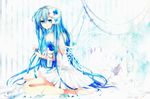  akatsuki_yakyou anklet aqua_eyes aqua_hair barefoot blue_flower blue_rose dress elbow_gloves flower gloves hair_flower hair_ornament hatsune_miku highres jewelry long_hair looking_at_viewer rose single_elbow_glove single_glove sitting solo very_long_hair vocaloid wariza 