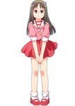  bare_legs brown_eyes brown_hair cosplay expressionless full_body glasses long_hair mahou_no_yousei_persia mary_janes minakami_mai nichijou persia persia_(cosplay) persia_(mahou_no_yousei_persia) red_skirt sayousuke shirt shoes skirt sleeves_rolled_up solo white_background 