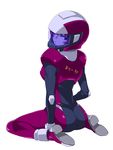  ass black_bodysuit bodysuit gundam gundam_unicorn helmet imigimuru looking_at_viewer marida_cruz pilot_suit purple_bodysuit purple_eyes sitting solo wariza white_background 