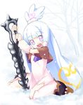  aoba_(kmnm3234) child itezora_konayuki katanagatari long_hair open_mouth pink_eyes planted_sword planted_weapon sitting smile snow snowing solo sword very_long_hair wariza weapon white_hair winter 