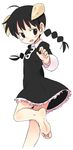  ahoge akita_land_gothic bangs bare_legs barefoot black_dress black_eyes black_hair blush braid breasts buttons dress eyebrows_visible_through_hair feet horns looking_back oyatsu_(mk2) parted_lips small_breasts soles standing standing_on_one_leg toes twin_braids 