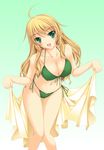  asanuma_katsuaki blonde_hair green_eyes highres hoshii_miki idolmaster idolmaster_(classic) leaning_forward long_hair navel towel 