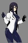  black_hair bodysuit bodysuit_under_clothes grey_background imigimuru long_hair looking_at_viewer original red_eyes shirt simple_background solo white_shirt 