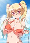  :o bare_shoulders bikini bikini_pull blonde_hair blush breasts cleavage food gradient_hair hair_bobbles hair_ornament hokuto_shinken large_breasts long_hair melting messy multicolored_hair navel original popsicle pulled_by_self red_eyes shiny shiny_skin skindentation solo swimsuit twintails untied 