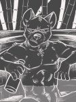  2019 aggressive_retsuko alcohol anthro beer beverage bottle chest_tuft haida hi_res hot_tub hyena k-9 male mammal muscular nude sketch solo tuft underbite water 