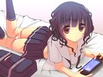  akesaka_iku bag bangs bed black_hair blunt_bangs handheld_game_console kneehighs looking_at_viewer looking_up lying midriff monster_hunter on_bed on_stomach open_clothes open_shirt original panties panty_pull pink_background playing_games playstation_portable pleated_skirt red_eyes school_bag school_uniform shirt short_hair short_sleeves skirt solo underwear wavy_hair 