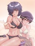  :o absurdres arched_back arm_support bare_shoulders bikini black_eyes black_hair blush breasts brown_hair cleavage finger_to_mouth foreshortening glasses hair_over_one_eye hat head_tilt heart highres large_breasts md5_mismatch multiple_girls navel nazo_no_kanojo_x o-ring o-ring_top ocean oka_ayuko over-rim_eyewear red-framed_eyewear rock saliva saliva_trail scissors semi-rimless_eyewear shiny shiny_skin short_hair sitting strap_gap sun_tattoo swimsuit tan tanline urabe_mikoto water yoshikawa_kazunori 