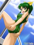  ass bad_id bad_pixiv_id cameltoe from_below green_eyes green_hair green_swimsuit midorikawa_nao one-piece_swimsuit onoe ponytail precure short_hair smile_precure! swimsuit 