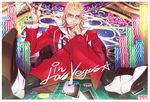  alternate_hairstyle bad_id bad_pixiv_id barnaby_brooks_jr blonde_hair card crossed_legs dog_yasiki85 formal glasses hair_slicked_back jewelry las_vegas male_focus money playing_card poker_chip ring sitting solo suit tiger_&amp;_bunny 