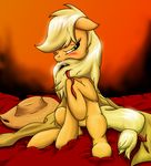  applejack_(mlp) bed blonde_hair blush cowboy_hat equine female feral friendship_is_magic fur green_eyes hair hat hi_res horse leyanor mammal my_little_pony orange_background orange_fur plain_background pony ribbons simple_background solo sweat 