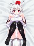  animal_ears bare_shoulders black_legwear breasts dangan_neko detached_sleeves hat heart heart-shaped_pupils highres inubashiri_momiji large_breasts looking_at_viewer lying no_pants on_back panties pantyshot paw_pose pom_pom_(clothes) red_eyes short_hair silver_hair smile solo symbol-shaped_pupils tail thighhighs tokin_hat touhou underwear white_panties wolf_ears wolf_tail 