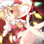  apple apple_core ascot bell_(oppore_coppore) blonde_hair flandre_scarlet food fruit hat moon navel one_eye_closed red_eyes red_moon short_hair side_ponytail skirt solo tongue tongue_out touhou wings 