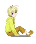  antenna_hair blonde_hair blue_eyes blush bow braid full_body hair_bow haiyore!_nyaruko-san hastur_(nyaruko-san) hood hoodie kuroko_(piii) long_hair looking_at_viewer male_focus otoko_no_ko shoes shorts simple_background sitting sleeves_past_wrists smile socks solo white_background 