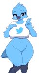  2019 anthro avian beak big_breasts bird blue_eyes blue_feathers bottomless breasts clothed clothing digital_media_(artwork) feathers female hi_res looking_at_viewer meme navel non-mammal_breasts open_beak open_mouth pinkcappachino simple_background solo thick_thighs tweetfur twitter v_sign voluptuous white_background wide_hips 