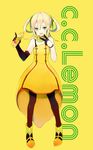  1girl ai5108 blonde_hair boots bottle c.c._lemon c.c._lemon_(character) character_name dress elbow_glove english food food_themed_clothes fruit gloves green_eyes hair_ribbon lemon long_hair open_mouth original pantyhose ribbon scarf short_twintails single_elbow_glove single_glove smile solo toshimasa_(serialism) twintails 
