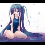 bad_feet green_eyes green_hair hatsune_miku letterboxed long_hair one-piece_swimsuit pon_(shind_997) sitting solo swimsuit twintails very_long_hair vocaloid wariza 