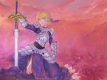  adapted_costume armor armored_dress artoria_pendragon_(all) blonde_hair dress excalibur fate/zero fate_(series) gauntlets green_eyes hair_ribbon pauldrons planted_sword planted_weapon ribbon saber solo sword weapon yanami 