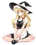  blonde_hair blush bow braid hat hat_bow k2isu kirisame_marisa long_hair single_braid sitting smile solo touhou white_bow witch_hat yellow_eyes 