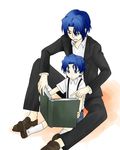  blue_hair book child closed_eyes family fate/zero fate_(series) father_and_son formal holding holding_book matou_byakuya matou_shinji multiple_boys reading ronpaxronpa simple_background sitting suit suspenders younger 