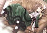  black_footwear brown_hair couch dress dutch_angle floor frills green_eyes hairband hand_on_own_stomach heterochromia long_hair looking_at_viewer red_eyes rozen_maiden shoes sitting solo suiseiseki tousen 