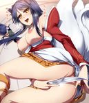  ahri animal_ears bare_shoulders blue_hair blush breasts breasts_outside detached_sleeves fox_ears fox_tail large_breasts league_of_legends long_hair multiple_tails nipples open_mouth panties panty_pull saliva solo sweat tail tongue translation_request umakatsuhai underwear white_panties yellow_eyes 
