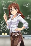  :&gt; ahoge akizuki_ritsuko baton breasts brown_hair chalkboard dan_(orange_train) glasses idolmaster idolmaster_(classic) medium_breasts nonowa pantyhose solo teacher 