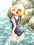  aki_minoriko arinu blonde_hair blush breasts food from_behind fruit grapes hair_ornament looking_at_viewer looking_back medium_breasts one-piece_swimsuit red_eyes school_swimsuit shiny shiny_clothes short_hair smile solo swimsuit touhou wading water wet wet_clothes 