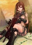  aimpoint amajita assault_rifle bad_id bad_pixiv_id boots breasts brown_eyes brown_hair g36 g36k gloves gun highres long_hair medium_breasts original pouch rifle scope sitting smile solo thigh_strap torn_clothes very_long_hair weapon 