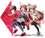  2boys arms_up bad_id bad_pixiv_id bag black_hair black_legwear brown_hair closed_eyes directional_arrow double_bun gen_5_pokemon hue_(pokemon) jacket kyouhei_(pokemon) leggings long_hair mei_(pokemon) miniskirt multiple_boys noe_yuuhi oshawott pantyhose pokemon pokemon_(creature) pokemon_(game) pokemon_bw2 raglan_sleeves shoes shoulder_bag skirt sneakers snivy tepig twintails visor_cap walking watch wristwatch 