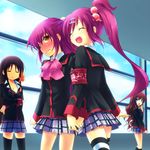  a-chan_senpai blush bow brown_eyes closed_eyes futaki_kanata kotsu kud_wafter kurugaya_yuiko little_busters! long_hair multiple_girls pink_bow plaid plaid_skirt purple_hair saigusa_haruka school_uniform side_ponytail skirt striped striped_legwear thighhighs zettai_ryouiki 