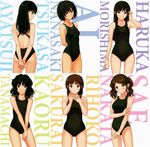  amagami ass ass_visible_through_thighs ayatsuji_tsukasa black_hair black_swimsuit blush brown_eyes brown_hair character_name green_swimsuit grey_eyes highres looking_at_viewer messy_hair morishima_haruka multiple_girls nakata_sae nanasaki_ai official_art one-piece_swimsuit print_swimsuit sakurai_rihoko school_swimsuit smile swimsuit takayama_kisai tanamachi_kaoru twintails wavy_hair 