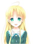  :d ahoge asia_argento blonde_hair blush cross cross_necklace green_eyes high_school_dxd jewelry long_hair necklace open_mouth raivu simple_background smile solo upper_body white_background 